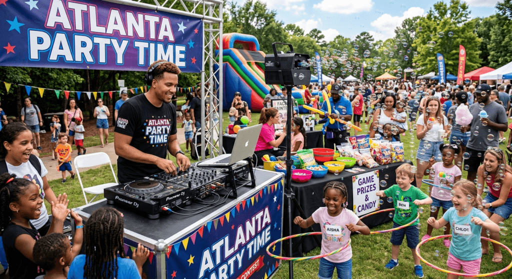 "An energetic Atlanta Party Time kids festival featuring a light-skinned African American DJ playing music under an Atlanta Party Time banner, with a bubble machine on a stand, kids having a hula hoop contest, game prizes, a face painter, and a bounce house slide in the background."